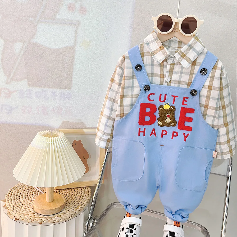 

Baby Boy Girl Clothes Sets 2024 Spring Children Plaid Shirt Cartoon Lovely Bear Loose Overalls 2PCS Clothing Toddler Casual Suit
