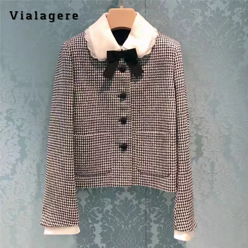 

2023 Autumn Winter Korean Single Breasted Peter Pan Collar Luxury Jacket For Women Outwear Casual Fashion Plaid Elegant Coat