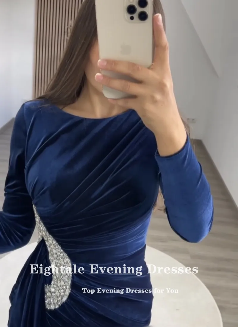 Eightale Velvet Evening Dress for Wedding Party O-Neck Beaded Long Sleeves Mermaid Dubai Arabic Formal Celebrity Prom Gowns