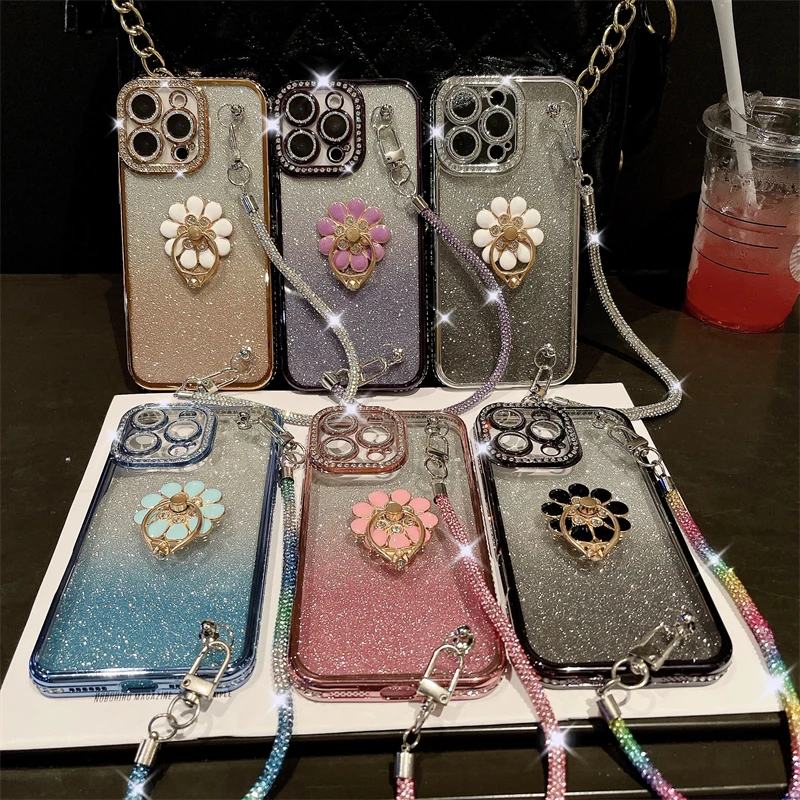 For iPhone 16 Pro Max Luxury Diamond Plating Flash Ring Holder Phone Case For iPhone 11 12 13 14 15 Plus Rhinestone Chain Cover
