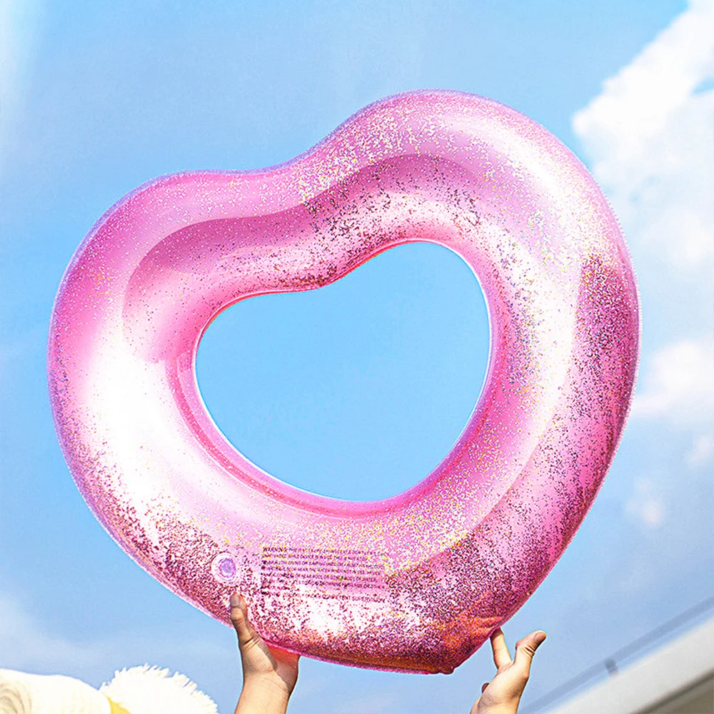 Summer Inflatable Pink Heart Sequins Swimming Ring Children Kid Pool Party Toys Out Float Mattress Circle Thicken Swimming Laps