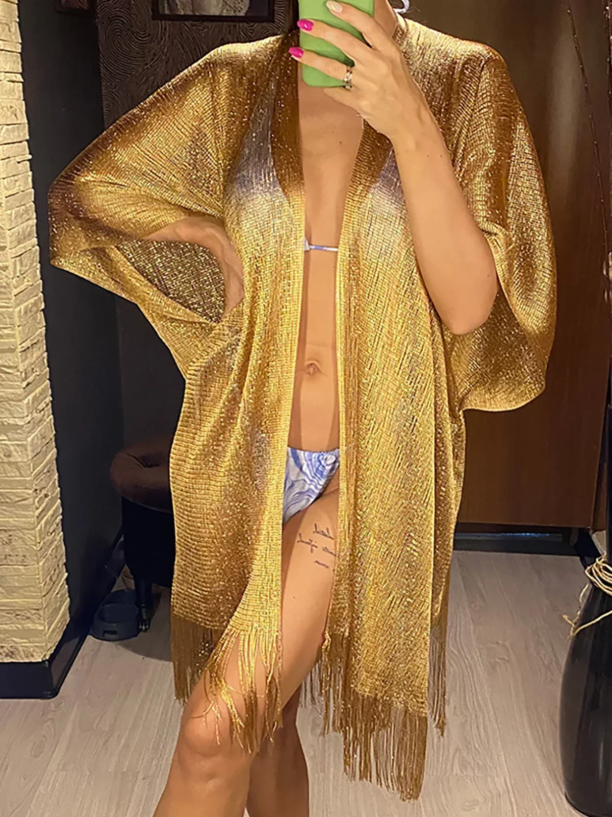 Solid Bikini Cover Up Tassel Beach Dress Tunics Swimsuit Bathing Suit Women Shining Cover Ups for Swimwear Women Pareo Plage - 2