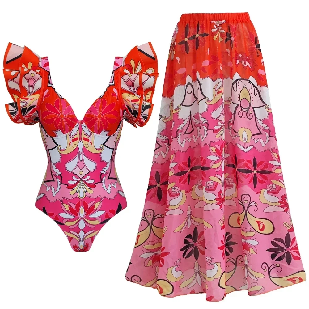 Sexy Ruffle One Piece Swimsuit Women Print Swimwear Skirt Monokini Print Bathing Suits Swim Suit Wear Beachwear one piece swimsuit women swimsuit