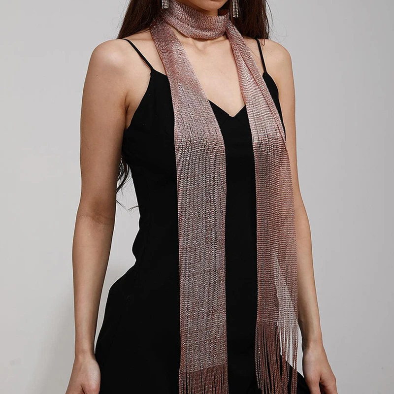 Shiny Neck Wrapped For Women Lace Tassel Party Evening Dress Scarf Fashion Nightclub Gold Silver Bright Silk Sunscreen Shawl