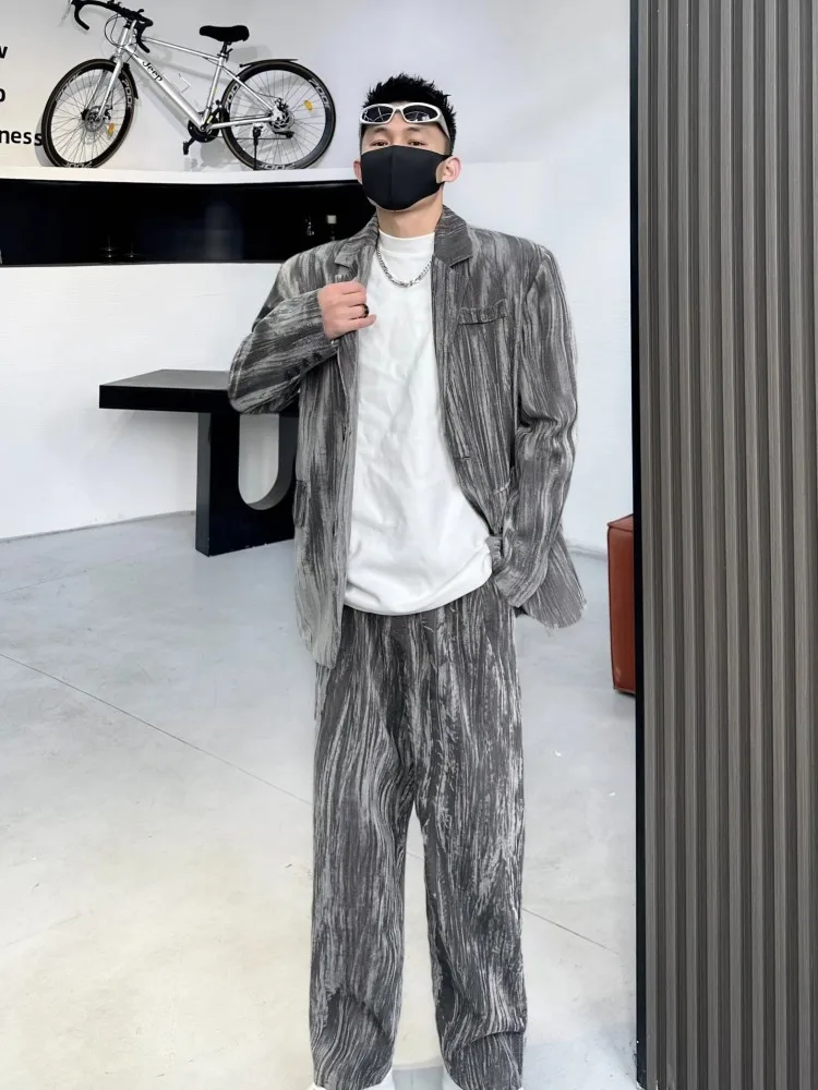 Spring Autumn Mens Velvet Suits Sets Loose Fit High Street Single Breasted Blazers Straight Pants Fashion Casual Two Piece Set