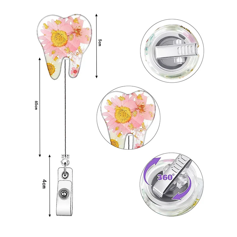 True Flowers Drops Of Glue Transparent Tooth Nurse Badge Reel Retractable  ID Holder With 360 Rotating Alligator Clip Name Holder