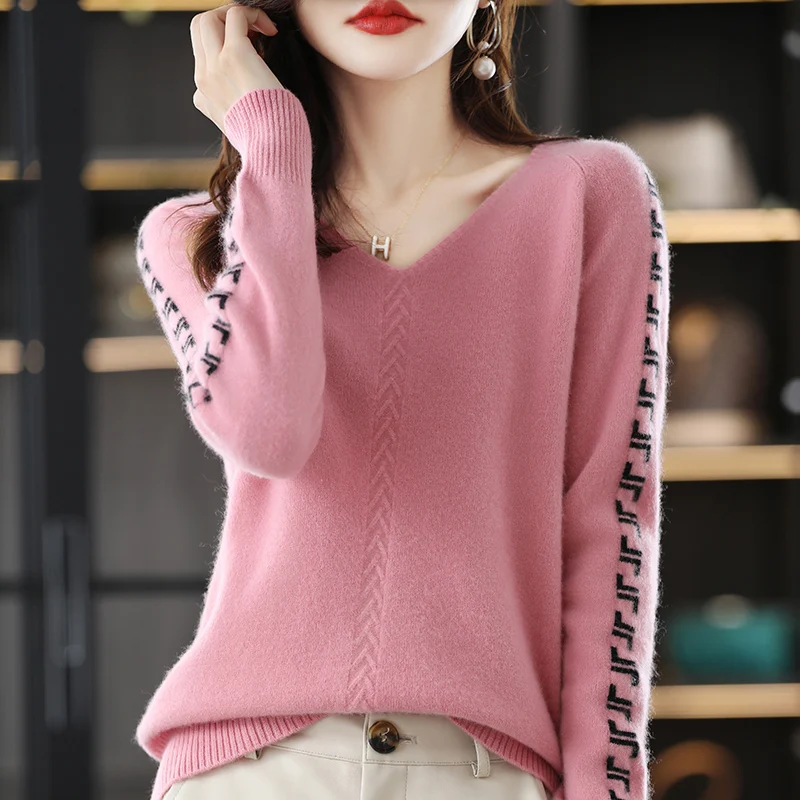 

Pure Wool Sweater Women's V-Neck Stitching Long-Sleeved Top Autumn Winter Warm Commuter Pullover Loose Knitted Cashmere Sweater