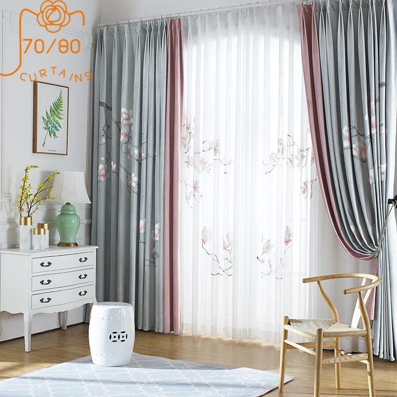 

Chinese-style Hand-painted Magnolia Flower Flocking Cloth Stitching Blackout Curtains for Living Room Bedroom Finished Product
