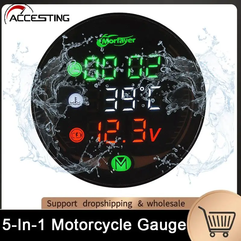 Motorcycle KOSO Round Water Temperature Voltage Meter Time Clock Usb  Voltmeter Thermometer 5-in-1 Gauge With Sensor For YNMAX