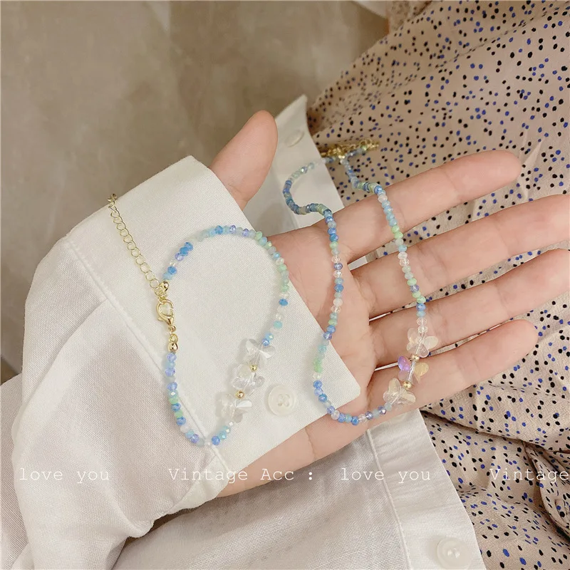 AOMU Spring Korea Retro Blue Transparent Resin Beaded Elastic Bracelet Irregular Geometric Love Lock for Women Jewelry | Украшения и