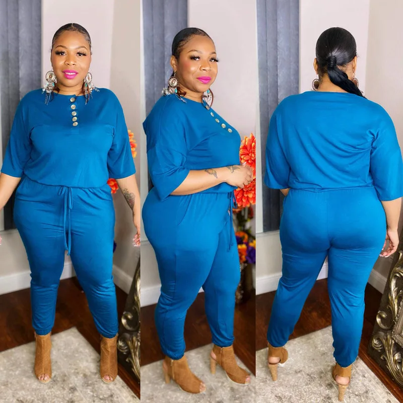 Plus Size Women Jumpsuit Summer Solid Button One Piece Outfit 2022 Sexy Fashion Pencil Pants Casual Lady Clothing Wholesale