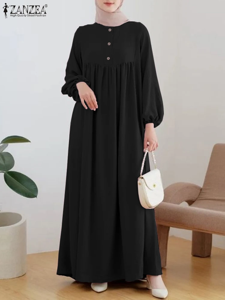 

ZANZEA Autumn Vintage Marocain Muslim Dress Holiday Party Solid Robe Puff Sleeve O-Neck Maxi Sundress Casual Turkey Vestidos