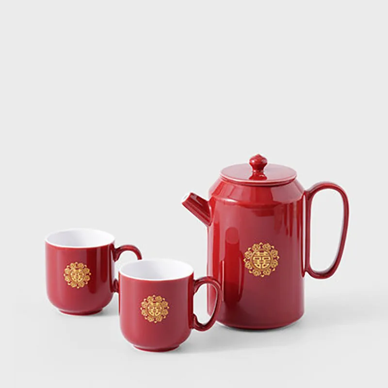 Ceramic Red Wedding Tea Set, Chinese Teapot Cup, Porcelain Teaware, Luxury Gift for Bride and Groom