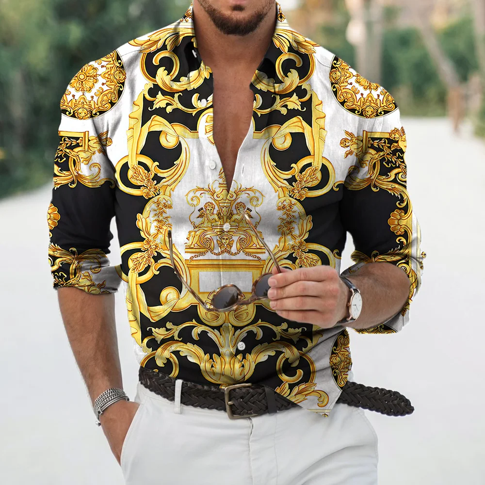 thumbnail image 1 of Camisa de manga larga informal con cuello vuelto y estampado de estilo lujoso para hombre, ropa de calle de moda, tops de tendencia, ropa para hombre, 1 of 5
