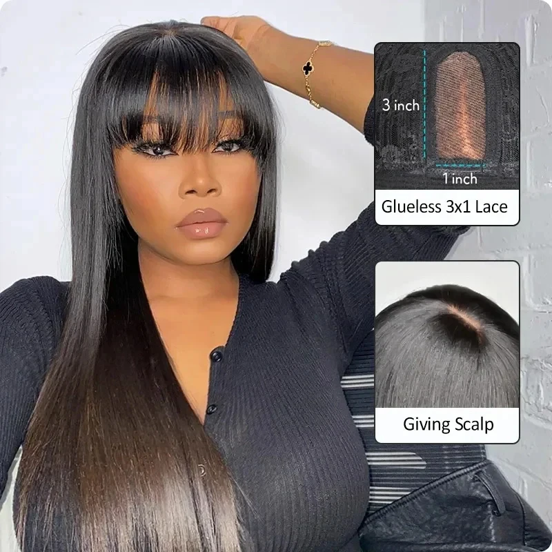Glueless Wig With Bangs Human Hair 3x1 HD Lace Straight Human Hair Wigs For Woman Brazilian Cheap Wigs Full Machine Made On Sale 2