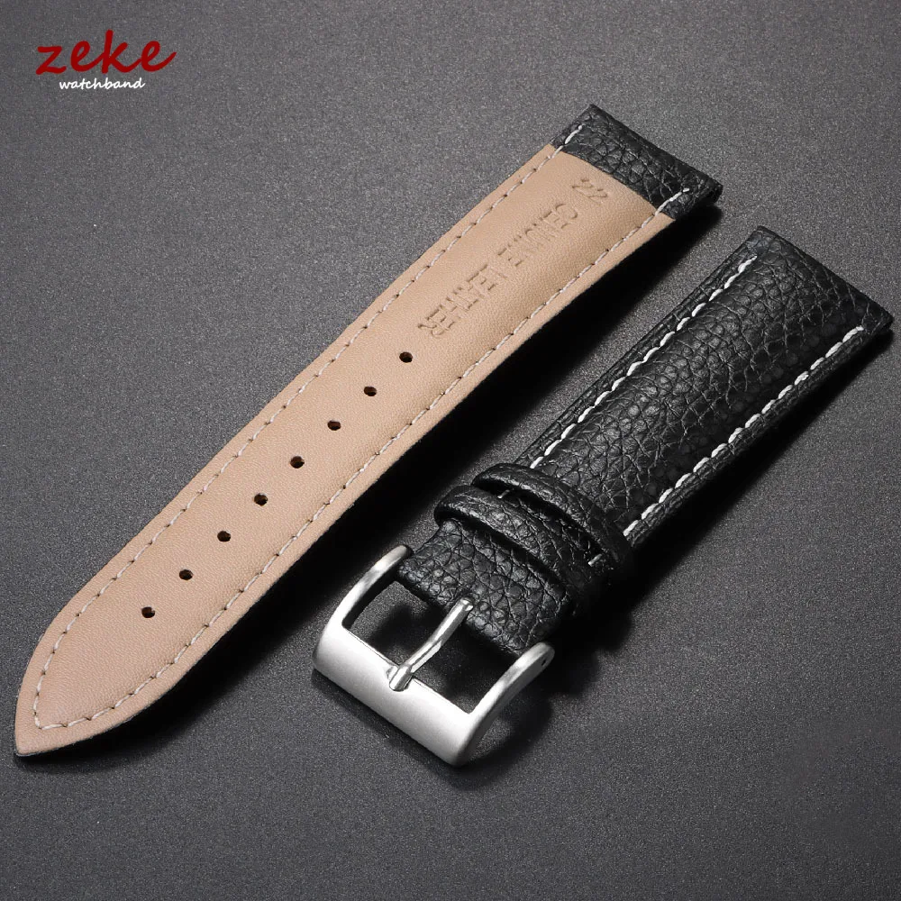 Premium Genuine Leather Litchi Grain Wristwatch Band - Black, Blue, Brown Strap