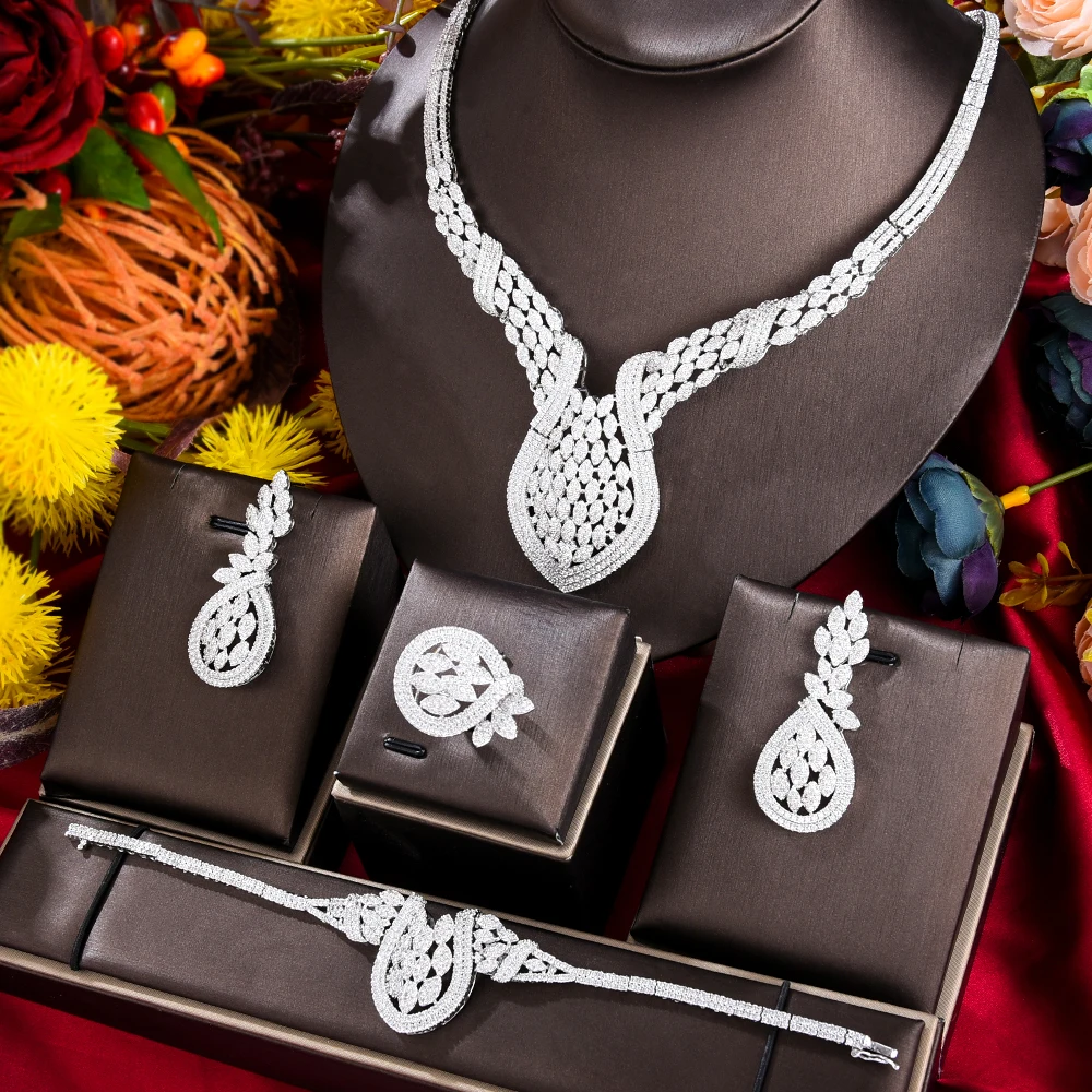 

Missvikki African Bride Necklace Bracelet Earrings Rings 4PCS Jewelry Sets For Women Indian Nigerian Wedding Jewelery Set Gift