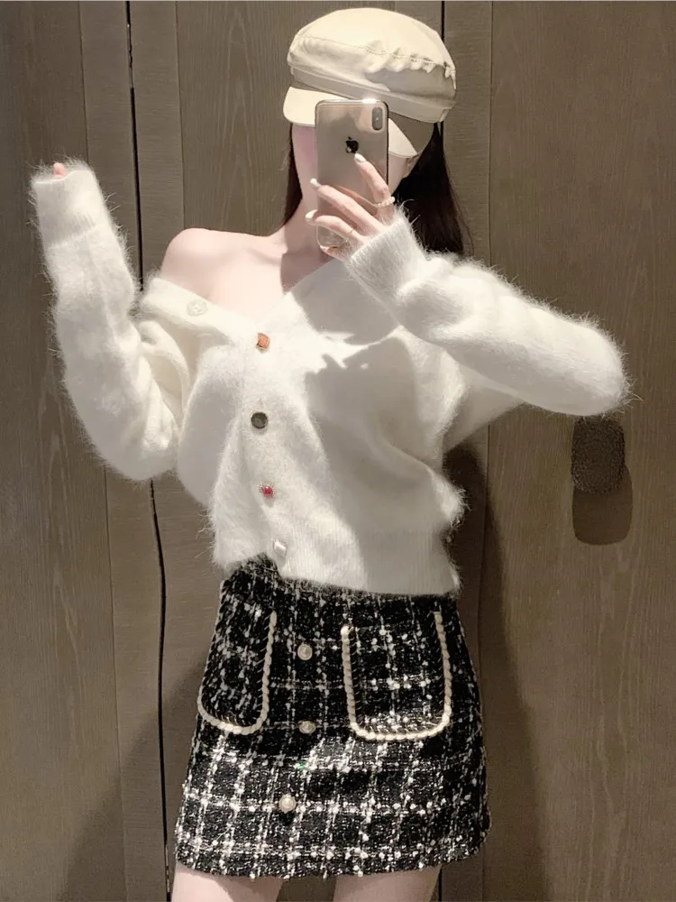 

Женский однобортный трикотажный кардиган, повседневный Однотонный свитер с V-образным вырезом и длинным рукавом, корейская мода, весна-осень