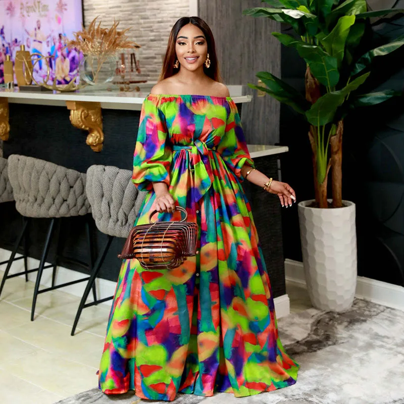 

African Floral Print Long Maxi Dress Women New Slash Neck Lantern Sleeve Party Dress Casual Loose Belted Fashion Africaine Femme