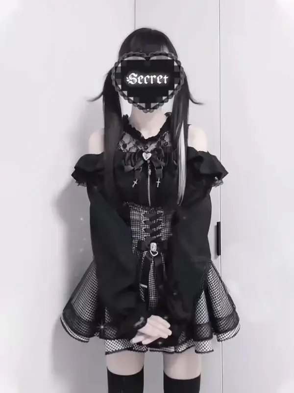 2025 Japanese Black Mini Skirt Set Gothic Ruffle Mini Skirts Sexy Lace Off Shoulder Lolita Shirt Women Y2k Aesthetic Design Suit - Image 4