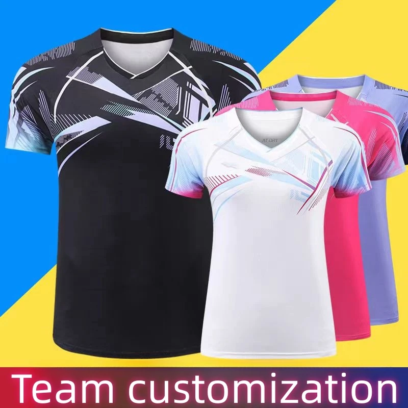 men's and women's badminton T-shirt quick drying breathable table tennis T-shirt light V-neck team pattern