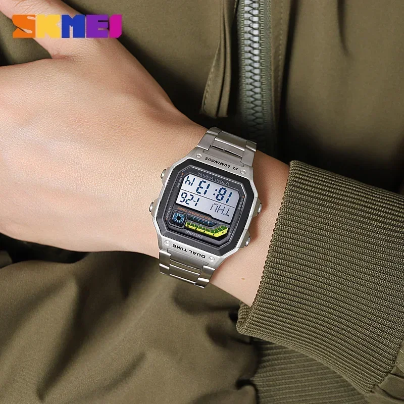 SKMEI 2307 Luxury Countdown LED Display Stainless Steel Mens Wristwatches Waterproof Sports Digital Watch for Men Shockproof