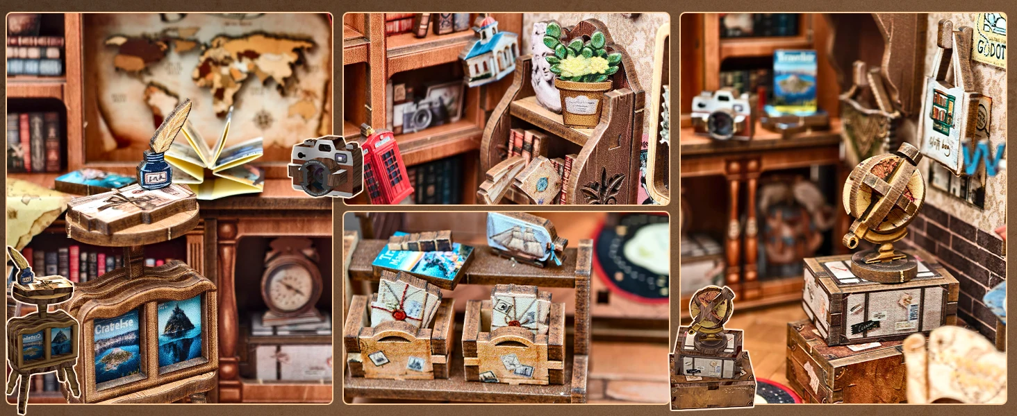 CUTEBEE 3D Holzpuzzle-Buchregal-Set für Erwachsene, DIY Miniatur-Puppenhaus mit LED-Beleuchtung, Buchhandlung-Modellbausatz, Bücherregal – Detail 4