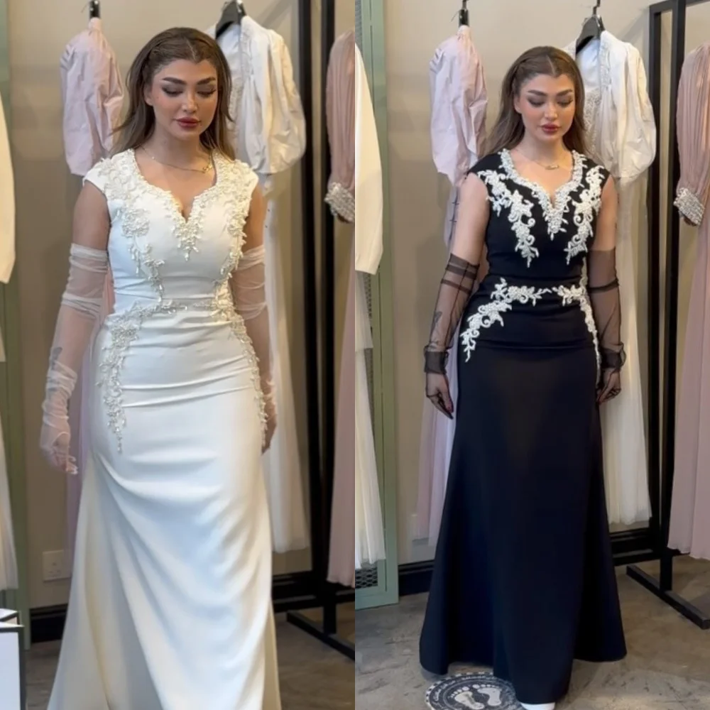 Evening Saudi Arabia Jersey Applique Beading Ruched Quinceanera A-line V-neck Bespoke Occasion Gown Midi Dresses