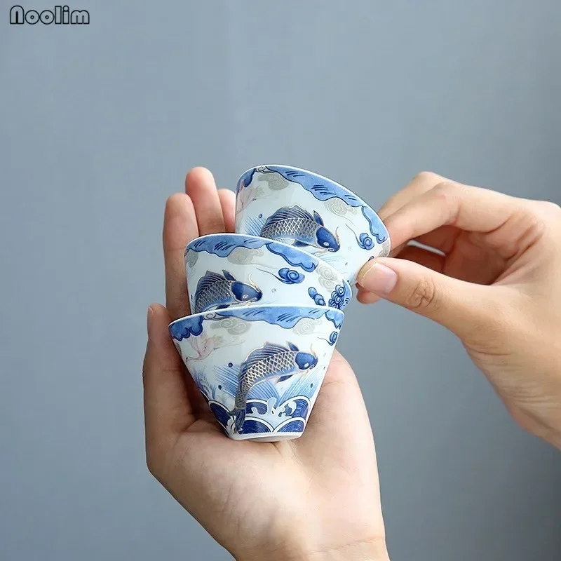 NOOLIM Hand Painted Auspicious Arowana Ceramic Small Teacup Home Kung Fu Drinkware Office Tea Set Handmade Master Cups