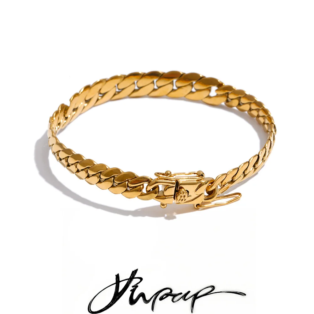 Yhpup Stainless Steel Cuban Chain Bracelet Bangle 18K Golden PVD Plated Waterproof Exclusive Style Personalized Jewelry Polished 1