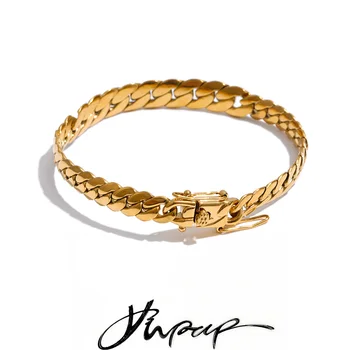 Yhpup Stainless Steel Cuban Chain Bracelet Bangle 18K Golden PVD Plated Waterproof Exclusive Style Personalized Jewelry Polished 1
