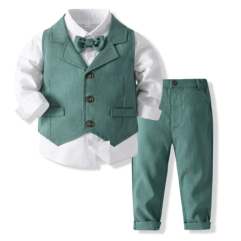 Volunboy Trajes Para Bebé Niños De Boda Ceremonia Fiesta, Conjunto De Chaleco, Camisa, Pajarita, Pantalón 4 Piezas(Tamaño 80,12-18 Meses,Azul