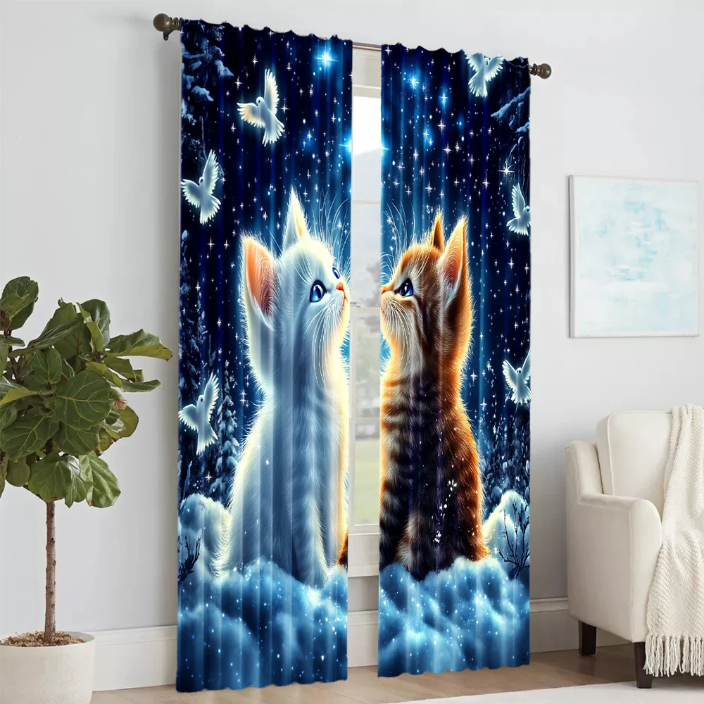 2Pcs Adorable Cat And Star Print Polyester Window Curtains Rod Pocket Design For Easy Hanging Home Decor Perfect For Bedroom 2
