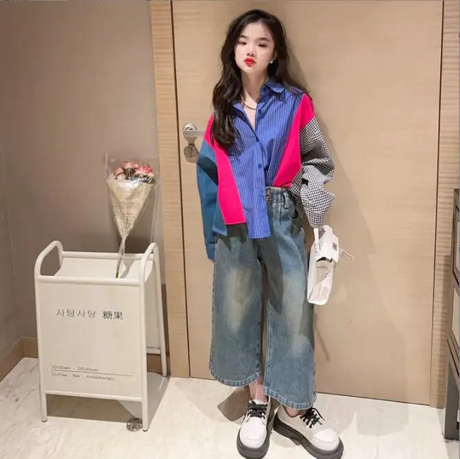 Korea style girls patchwork shirt full sleeve fashion spring girls blouse 4-12t F404 kids shirts
