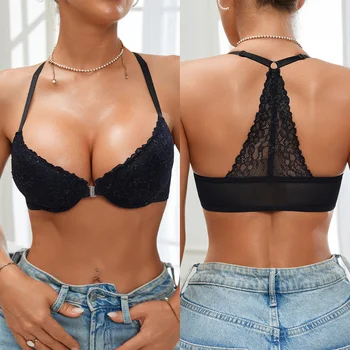 Reggiseno sexy da donna con bottoni sul davanti Reggiseni a costine senza schienale in pizzo Reggiseno push up femminile con coppa a triangolo con ferretto in tinta unita 1