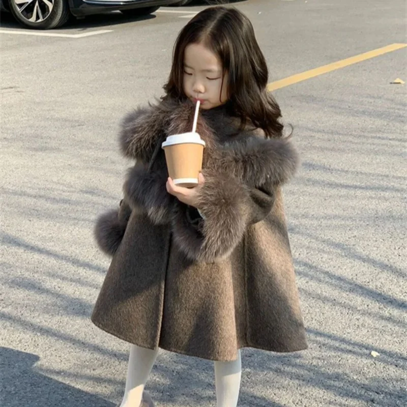 Kids jacket girls woolen coat overcoat jacket windbreak brown warm plus thicken autumn winter cotton teenagers children's clothing