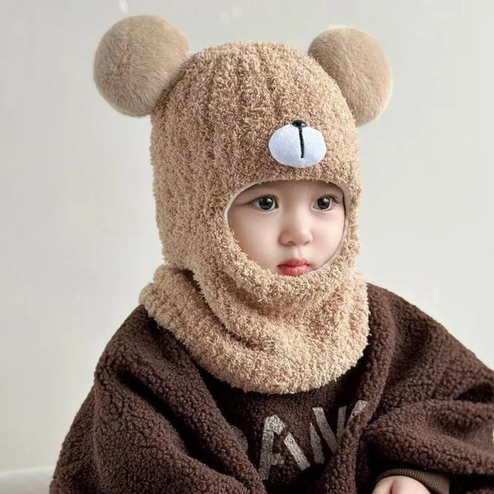 New Warm Scarf Mask Integrated Hat Windproof Cute Bear Neck Warmer Coldproof Knitted Pullover Cap 3-36M