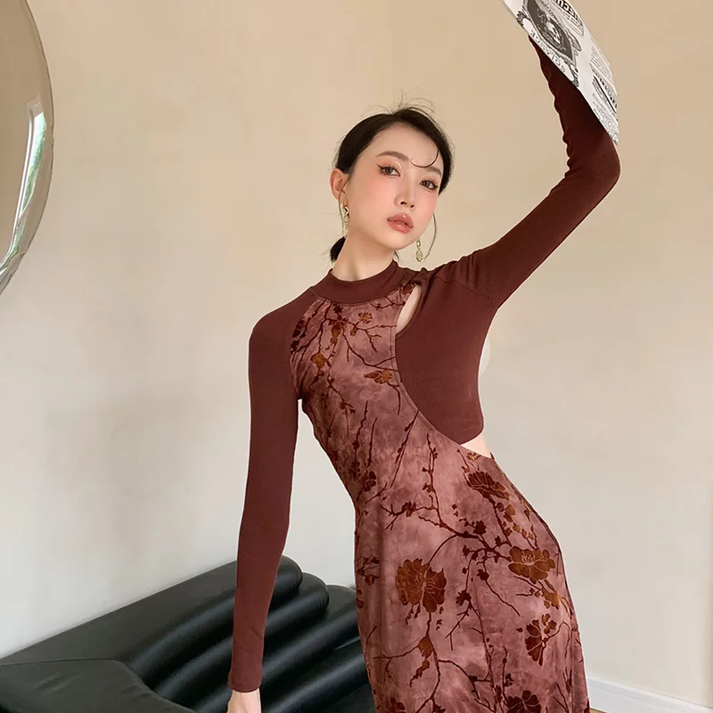 Spring Women's Clothing Deep Coffee Dress New Chinese Style Tea Break  French Hot Girl Style Chic Unique Knitted Fake Two Dress - Dresses -  AliExpress