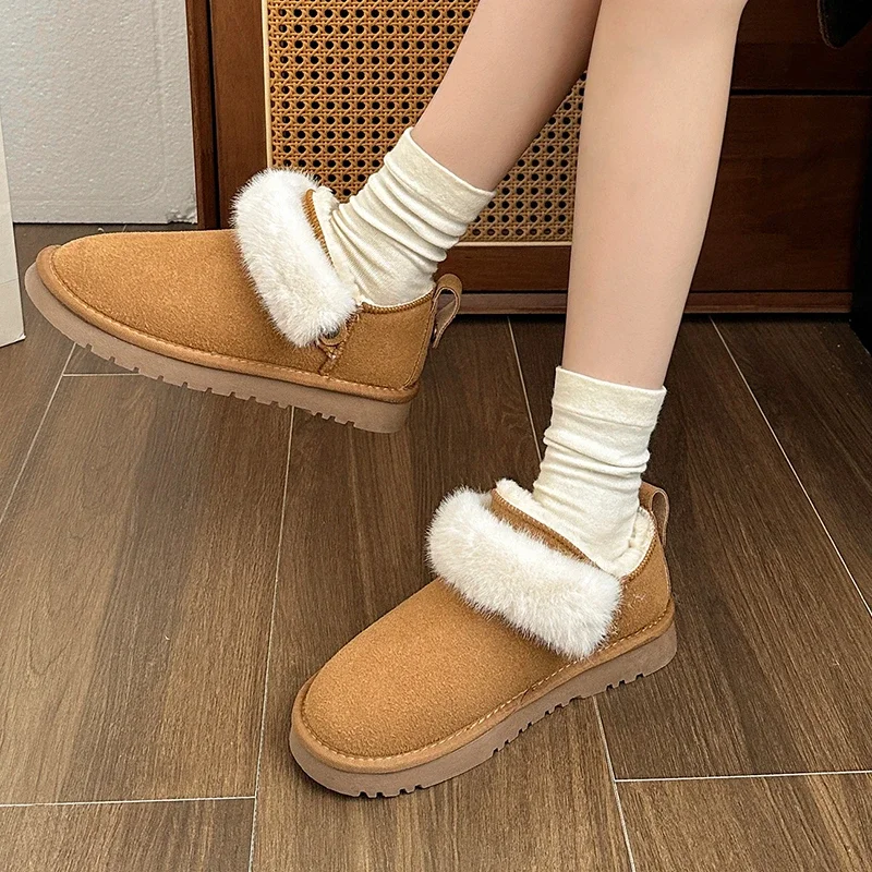 Winter Fashion Women's Short Boots Warm Sheepskin Boots Women's Casual Outdoor Snow Boots Women's Genuine Leather Chelsea Boots