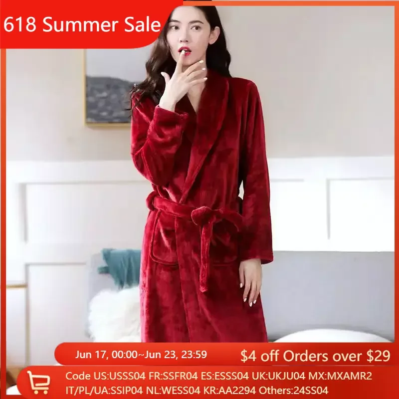 Women Coral Velvet Bathrobe Winter Flannel Dressing Robe Long Sleeve Extra Long Bathrobe Plus Size Hotel Lounge Sleepwear