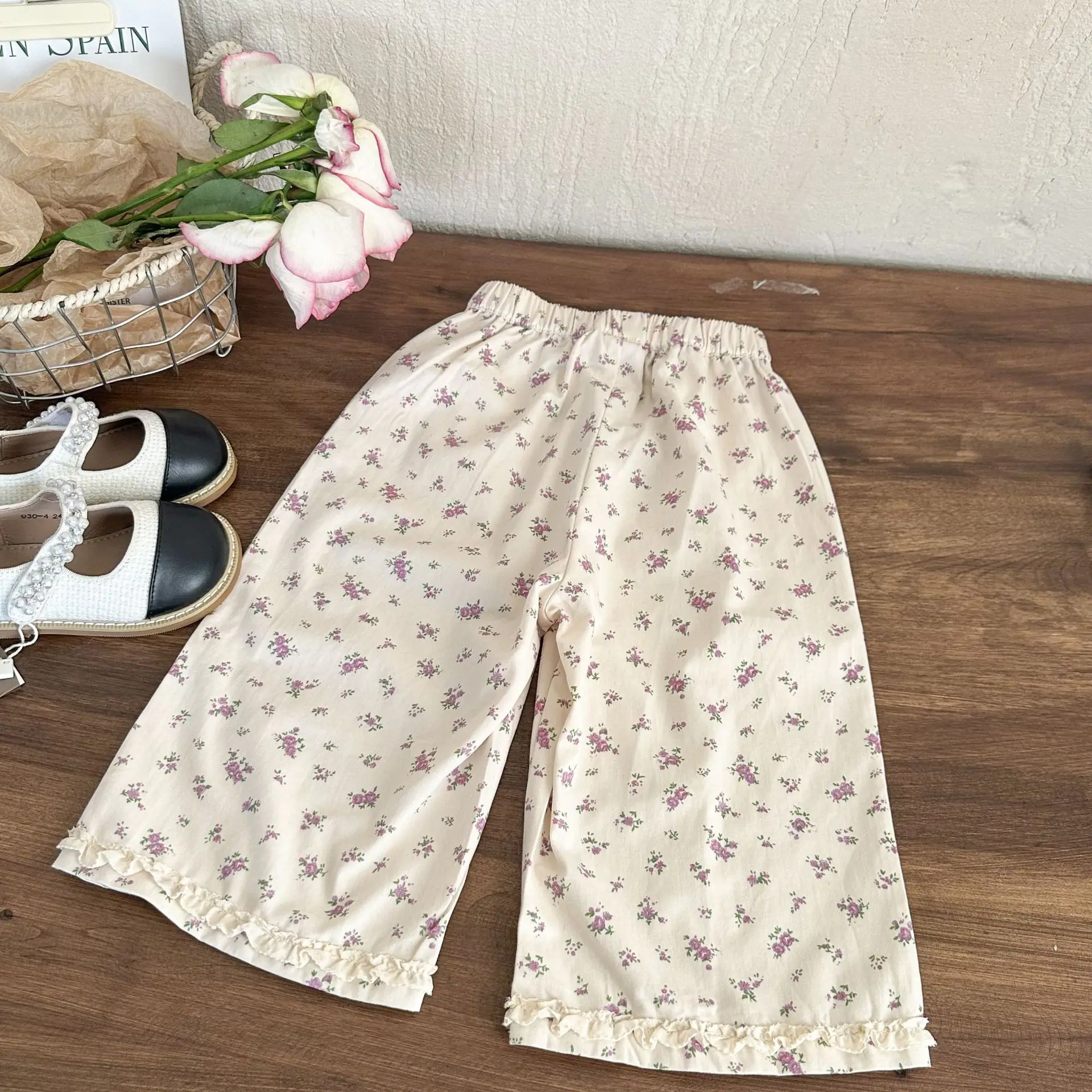 Children Clothing Girls Floral Straight Leg Pants 2024 Spring New Fashionable Casual Simple Korean Style Loose Wide-leg Pants