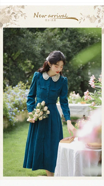 女性用ベルト付きブルーコーデュロイドレス,ヴィンテージドレス