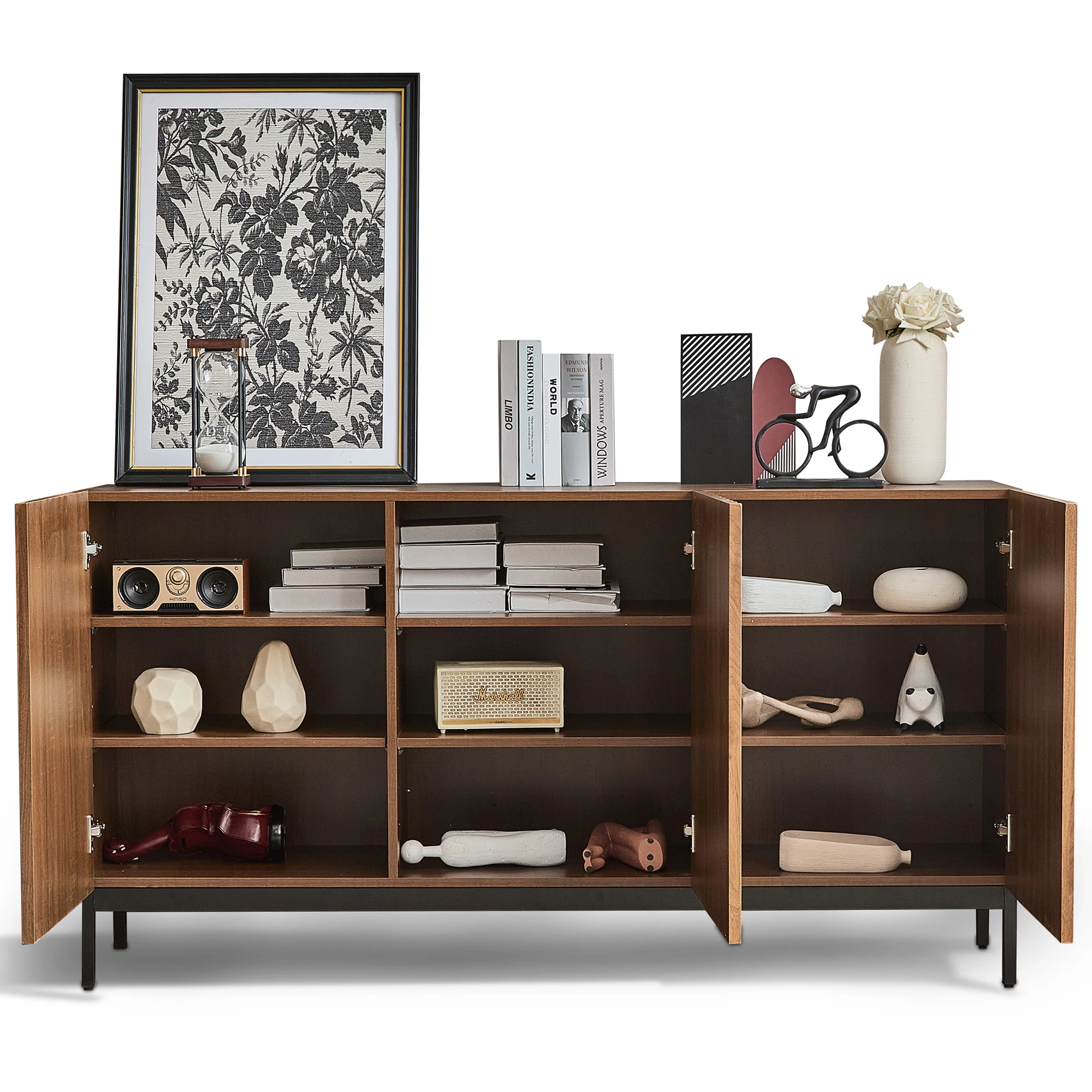 150 x 40 x 80 cm großes Sideboard aus dunkler Eiche, dekorativer Schrank im Mid-Century-Stil, 3 Türen, welliges 3D-Design, verstellbare Regale – Detail 15