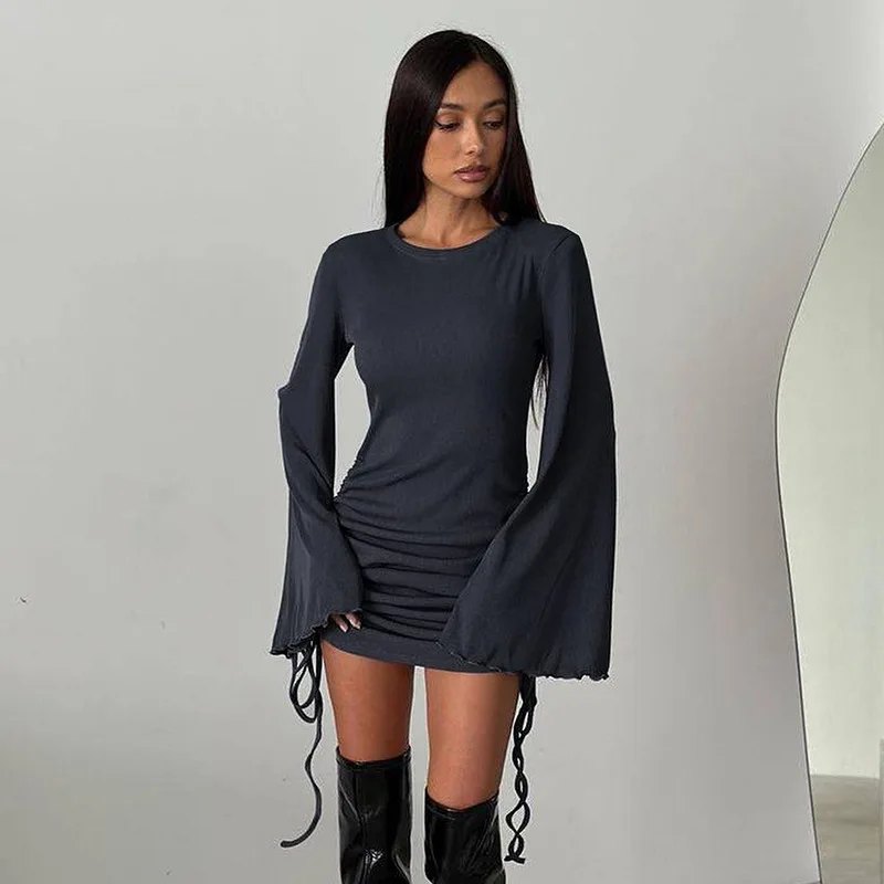 

CINESSD Basic Solid Color Flare Long Sleeved Dress For Women 2024 Spring Slim Fit Pleated Lace Up Package Hip Vestidos WS1364