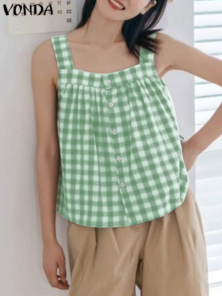 

VONDA Women Sexy Plaid Vests Sleeveless Tank Tees 2024 Fashion Vintage Printed Tops Casual Loose Blusas Fashion Holiday Shirts