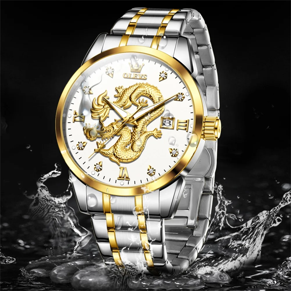 OLEVS New Fashion 3D Carved Dragon Dial Design Quartz Watch Men Stainless Steel Waterproof Luxury Mens Watches Relogio Masculino