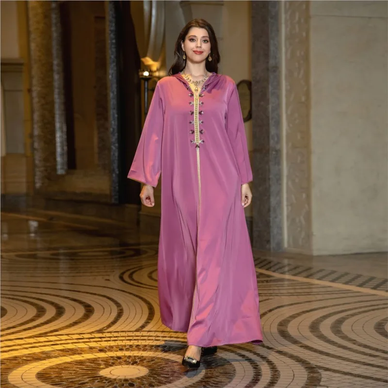 Middle East Cross-Border Muslim Robe Satin Beaded Dress Dubai Light Luxury Ethnic Evening