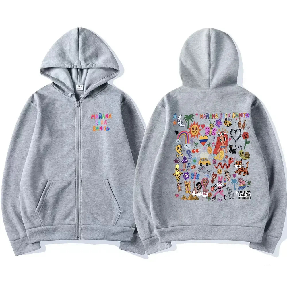 Singer Karol G Heart Mañana Sera Bonito Print Zipper Hoodie Men Women Hip Hop Loose Zip Up Jacket Funny Cartoon Music Sweatshirt