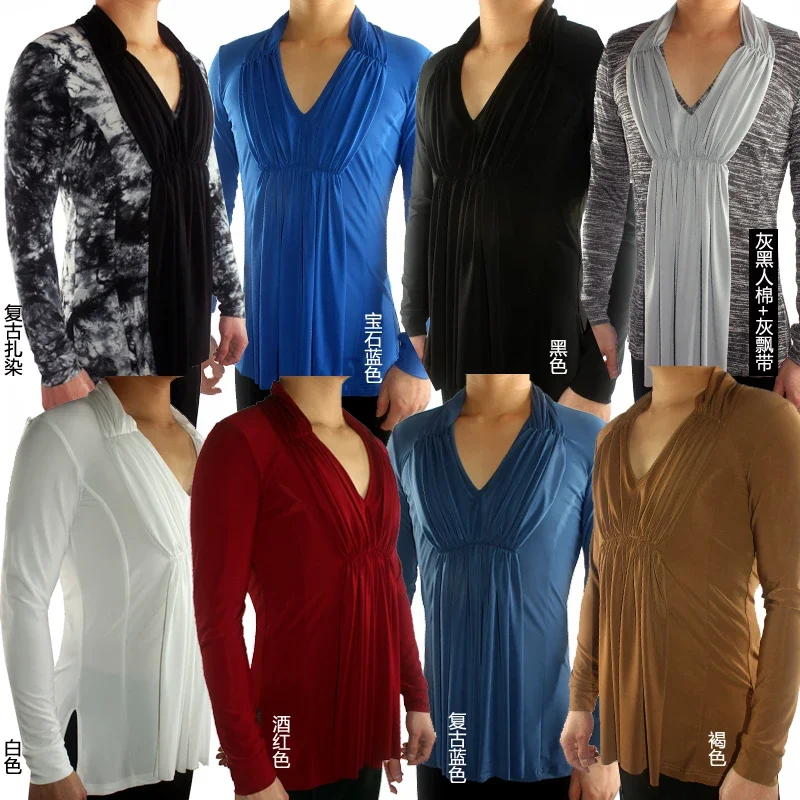 

Latin Dance Shirts Men Long Sleeve V Collar Competition Performing Clothes Male Salsa Cha Cha Rumba Samba Dancing Tops DNV11328