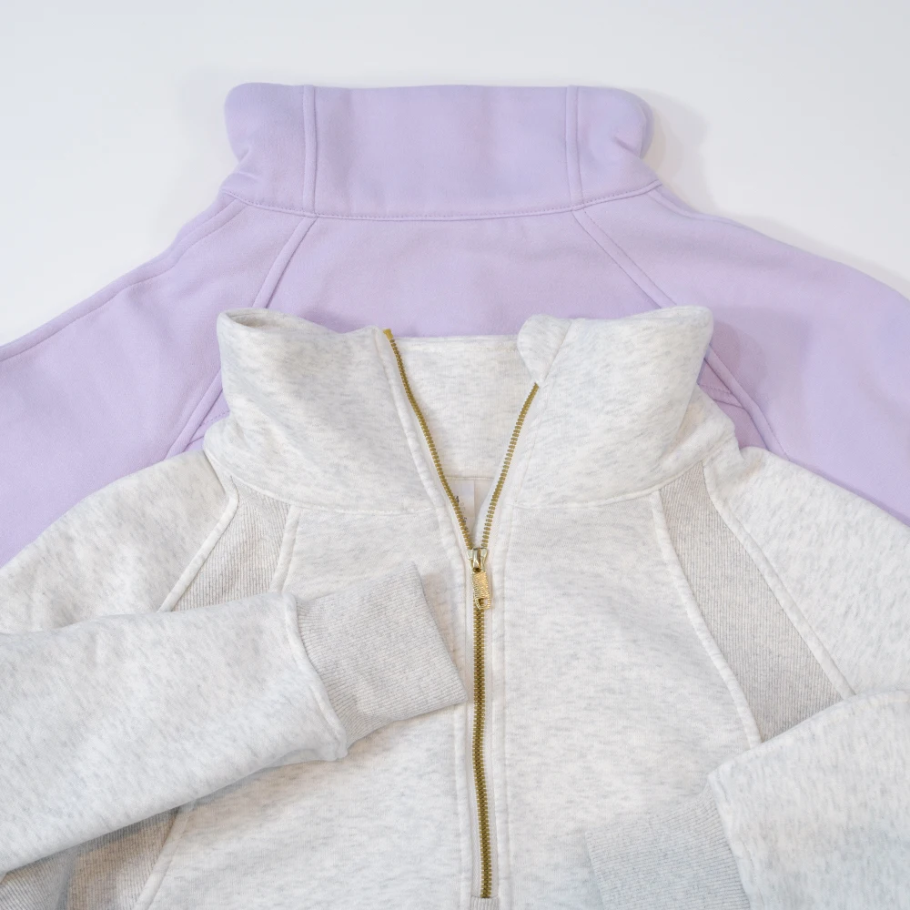 Nylon autumn and winter new women's hoodie sports semi zippered stand up collar plush outdoor running warm jacket loose